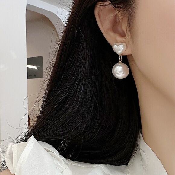 White Faux Pearl Oval Heart Dangly Earrings Boho Elegant Chic Classic - Picture 1 of 8